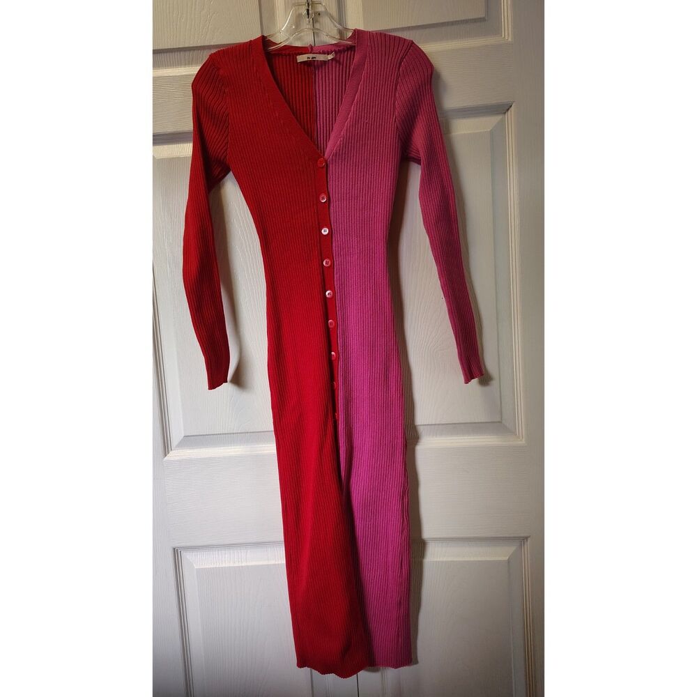 Mi Ami Colorblock Red & Pink Ribbed Knit Button-Down Sweater Dress - Size XS